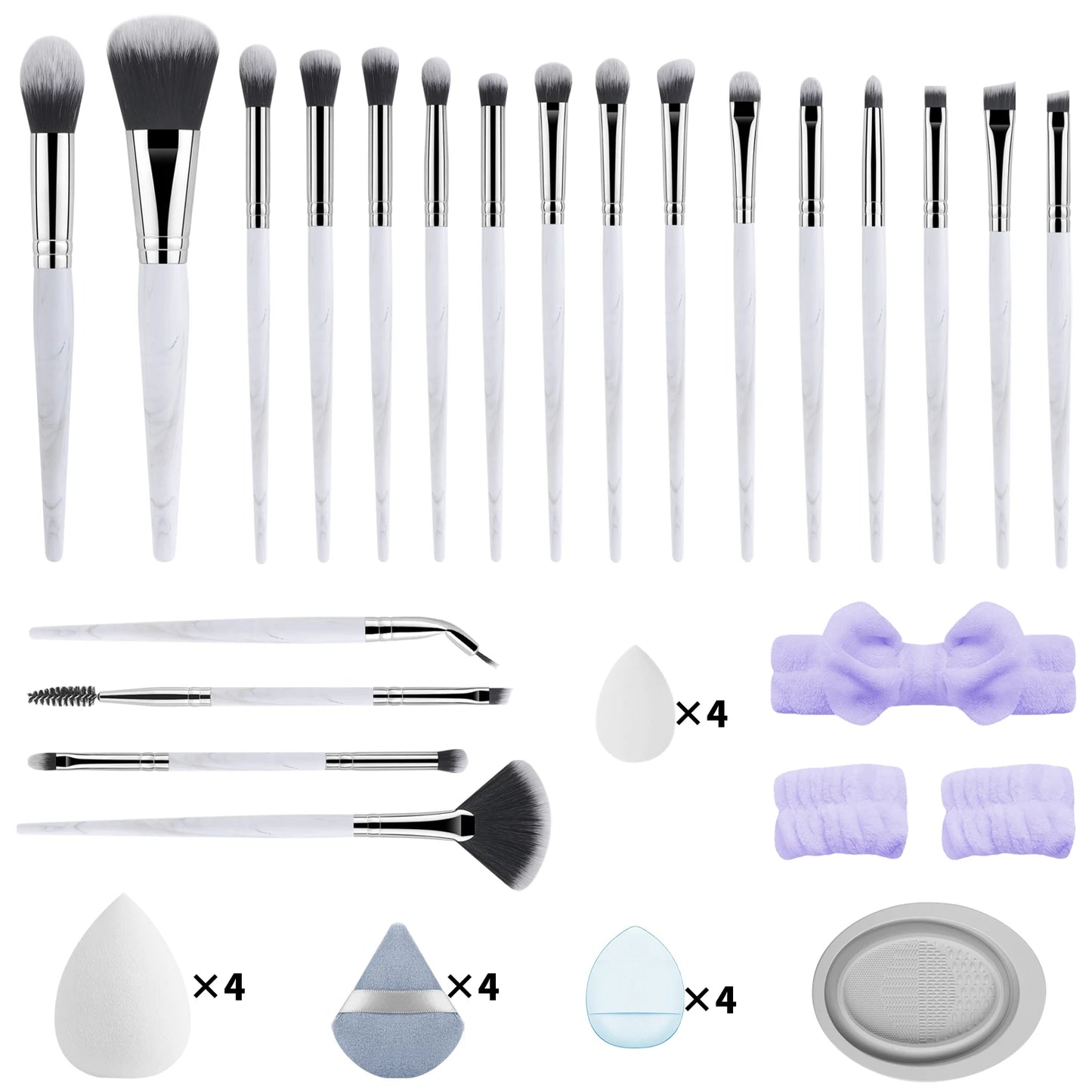 40-piece makeup tool set - 20-piece makeup tools + 16-piece powder puff set + dishwashing, hairband and wristband