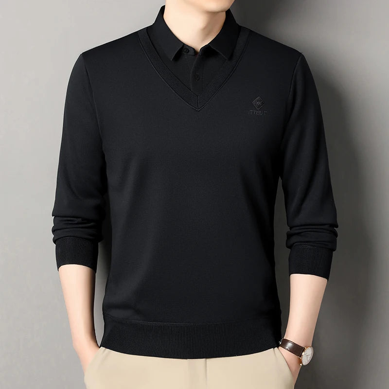 Men's Winter Sweater Velvet Pullover Solid Color Slim Fit Elegant Luxury Brand Knitwear Fake Two Pieces Knitted Sweaters