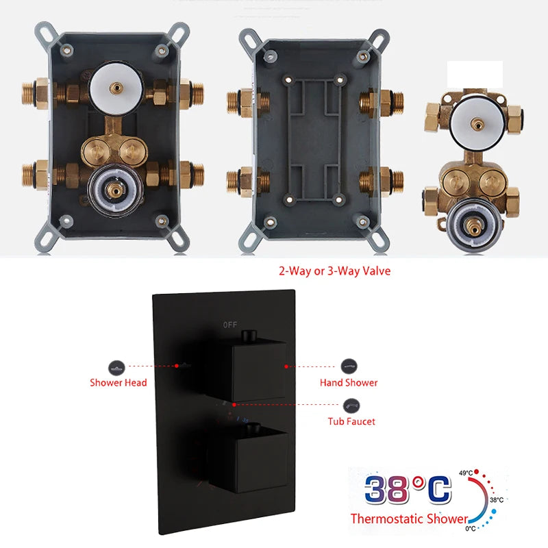 Matte Black Thermostatic Shower Faucet with Rainfall Head And Bathtub Spout Wall-Mounted Concealed Brass Shower  for Bathroom