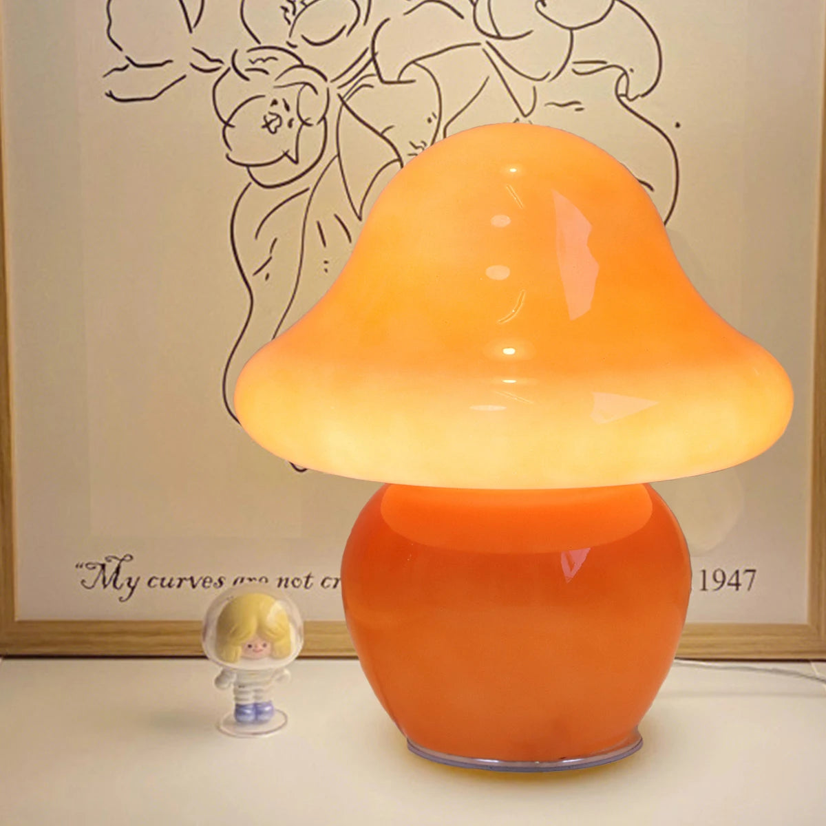 Mushroom Lamp Orange Glass for Bedrooms, Living Room, Aesthetic Cute Bedside Night Light