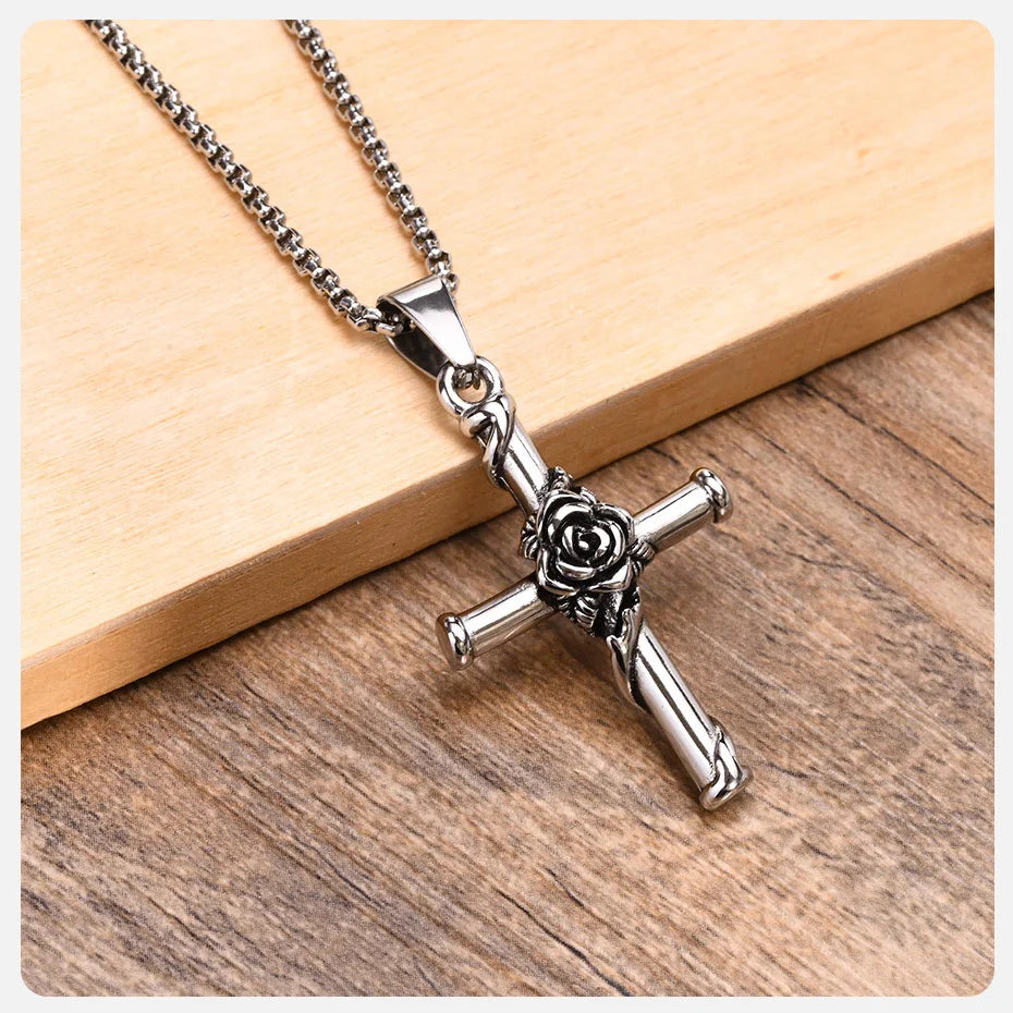 Vnox Men Cross Necklace, Stainless Steel Rose Cross Pendant with Box Chain, Unisex Cool Crucifix Jesus Faith Aesthetic Collar