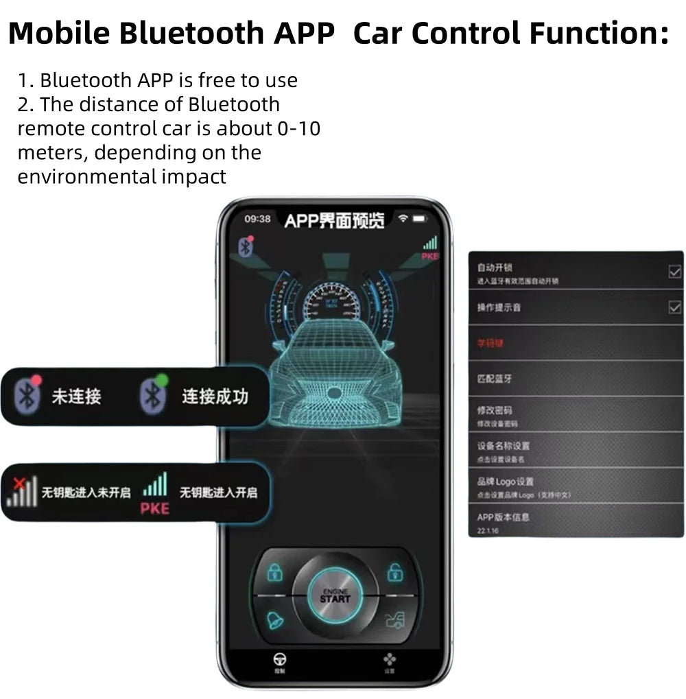 Car Keyless Start System One-touch Start/stop Cell Phone APP Bluetooth Control Keyless Entry Sensor Window Closing Output