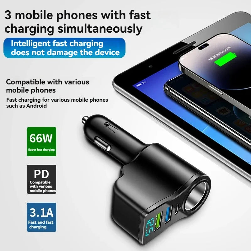 New digital display car fast charging dual USB car charger car one to three cigarette lighter 66W car multifunctional charger