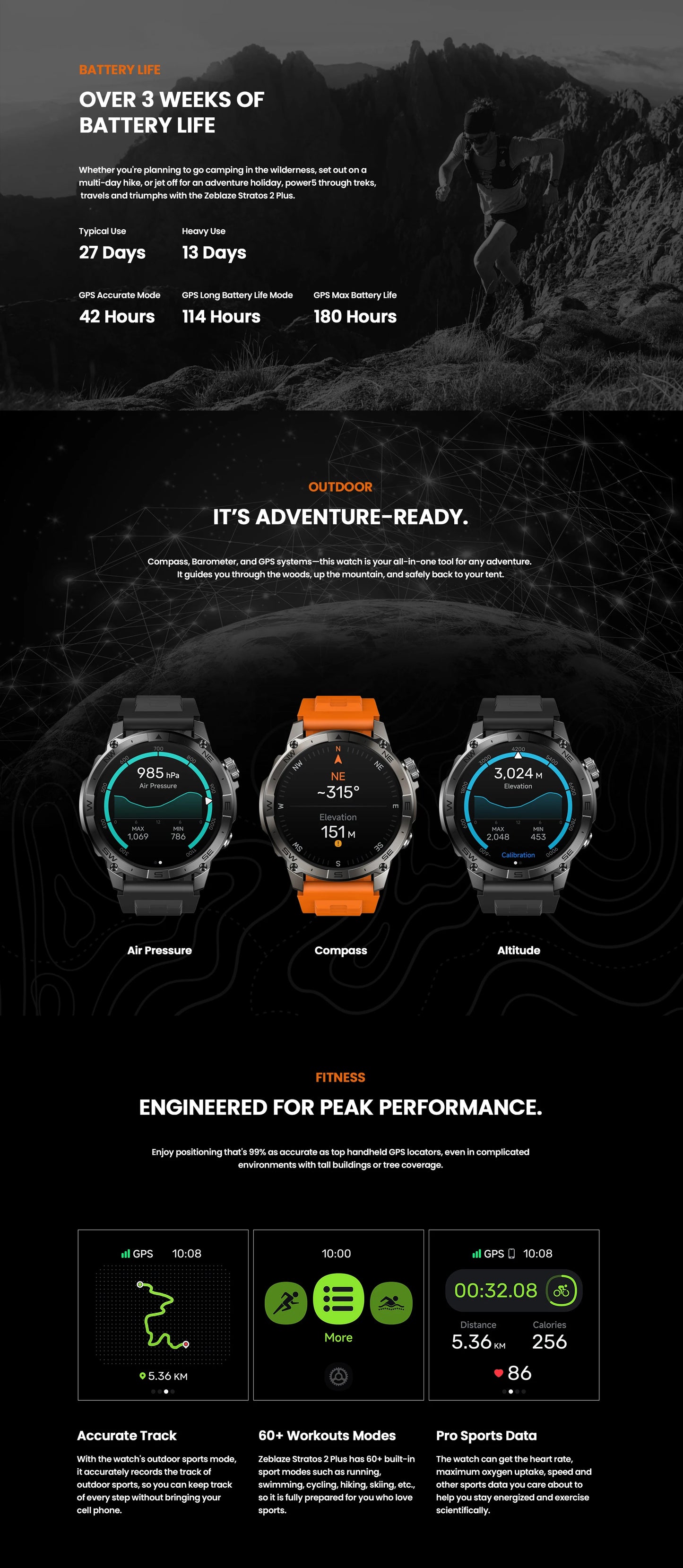 Zeblaze Stratos 2 Plus GPS Sports Smart Watch Built-in Compass Barometric Altimeter 1.43'' AMOLED Display Voice Call Smartwatch