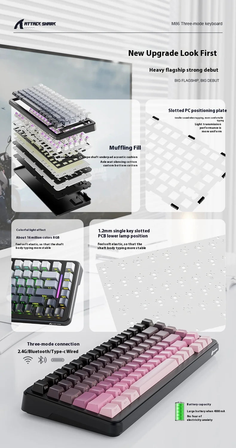 Attack Shark M86rgb Three-Mode Wireless Bluetooth Hot Plug Engraving Mechanical Keyboard Blueberry Axis Surprise Gift
