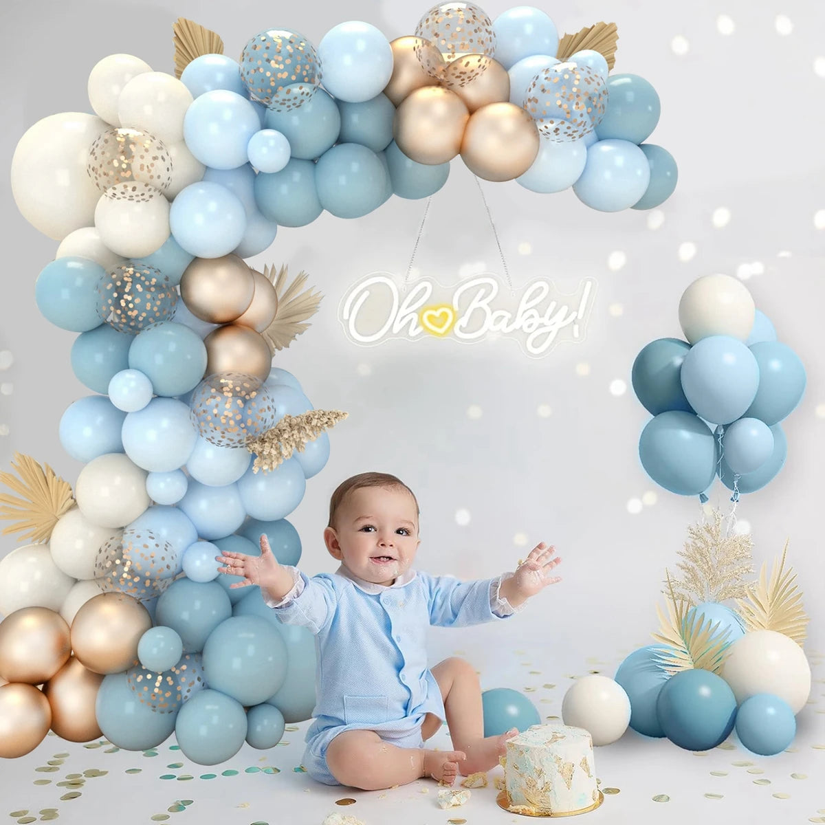 Dusty Blue Balloons Arch Garland Sand White Metallic Gold Dusty Slate Fog Bridal Shower Birthday Party Decorations for Boy