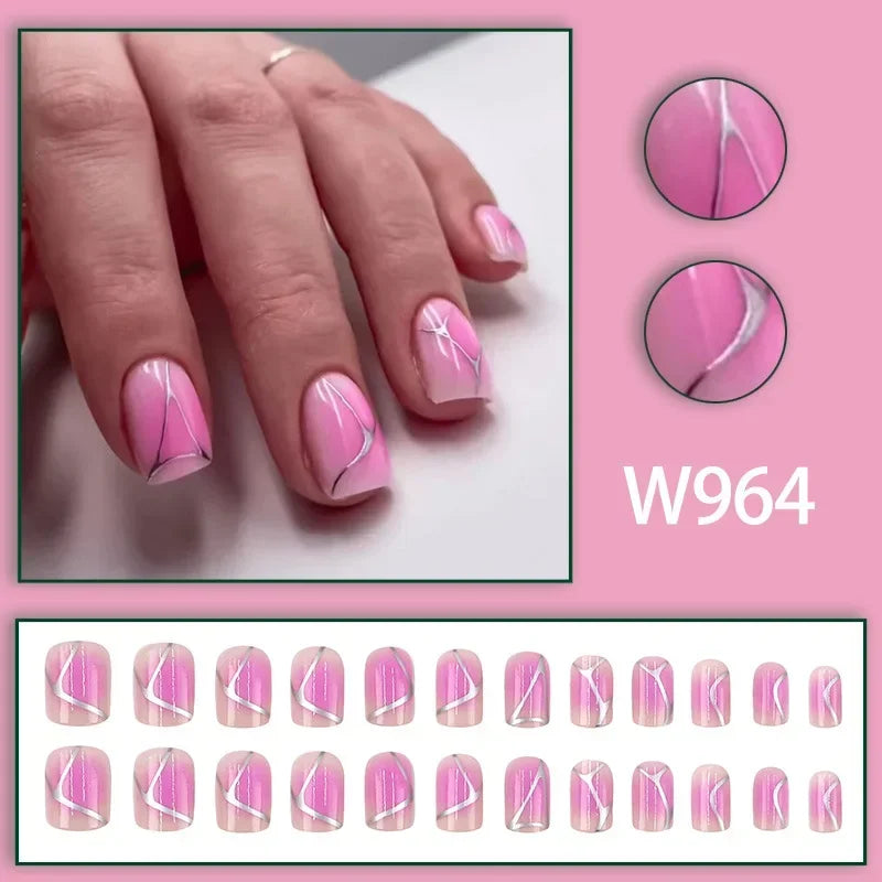 Black Ink Style Fake Nail with Jelly sticker Press on False Nails Wearable Round Head Oval Full Cover Nail Tips