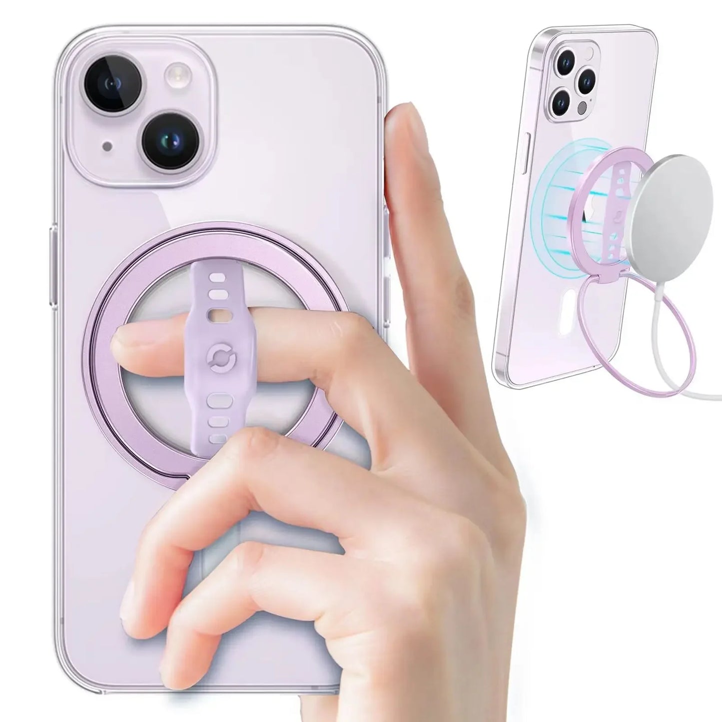 Magnetic Ring Phone Holder for Magsafe Wireless Charging Phone Grip Stand with Silicone Finger Strap Removable Car Phone Holder