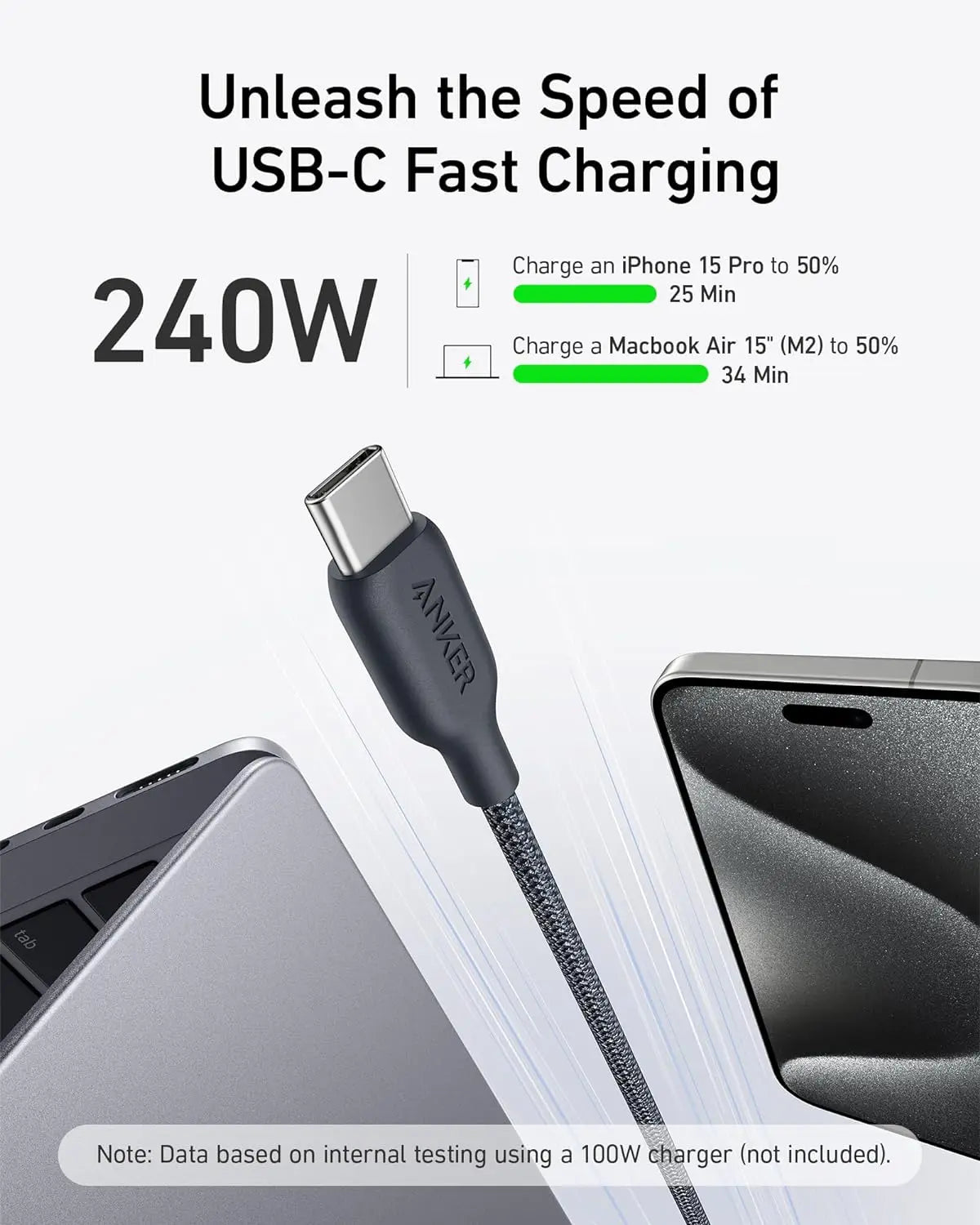 Anker USB C to C Cable (240W, 3 ft), Bio-Braided Fast Charge Cable for iPhone 15/15 Pro, MacBook Pro 2020, iPad Pro 2020