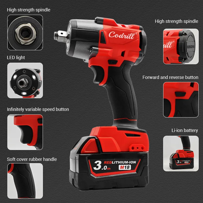 For Milwaukee Battery PIN Brushless Cordless 1/2 Electric Wrench Car Repair Screwdriver Impact Drill Rechargable 18V Power Tools