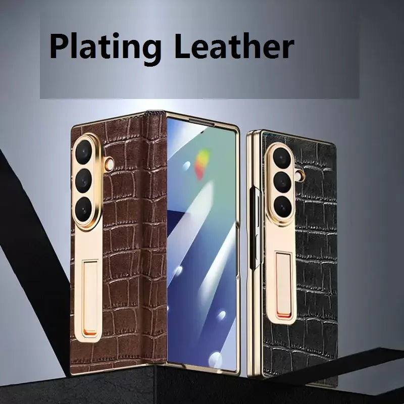 Luxury Leather Cover For Samsung Z Fold 7 6 5 Case Plating Stand Hinge Front Glass Screen