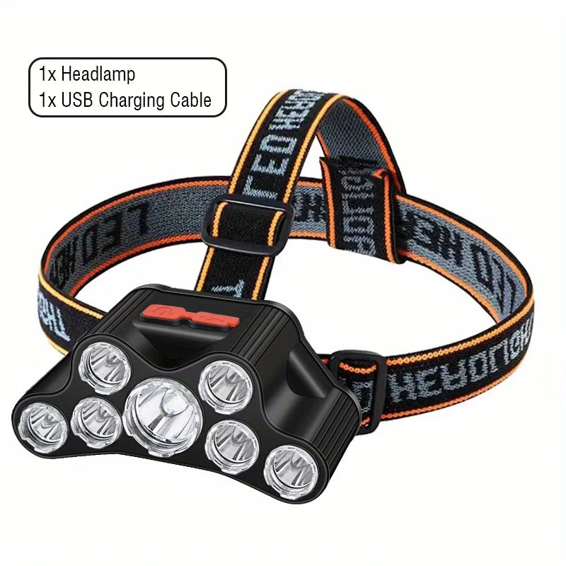 7 LED Powerful Headlamp Super Bright USB Rechargeable High Power LED Flashlights 4-Mode Torch Waterproof Outdoor Camping Fishing