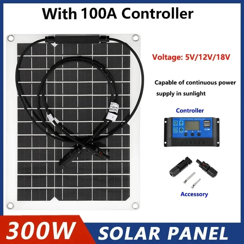 300W Solar Panel 18V Sun Power Solar Cells Bank With Connector Cover Solar Controller IP65 for Phone Car RV Boat Charger