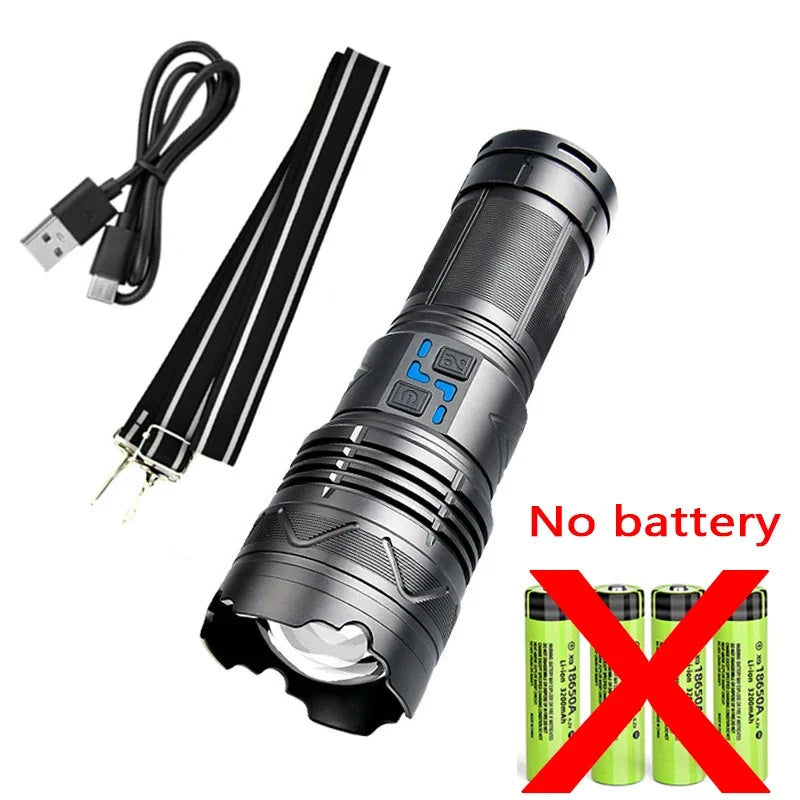 Powerful LED Flashlight Super Bright Spotlight Long Range Zoomable Emergency Torch Outdoor Tactical Lamp lantern Power Display