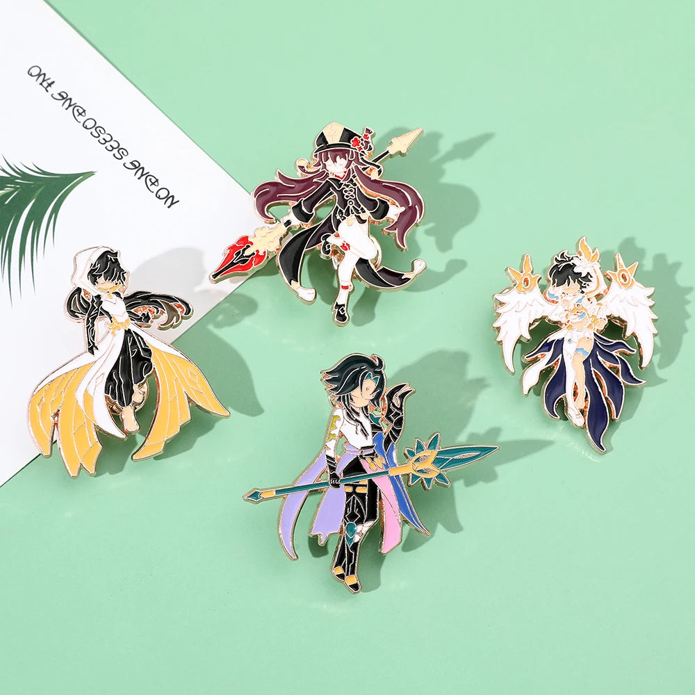 4 Pcs Genshin Impact Series Brooch Creative Walnut Mandrilla Enamel Pin Metal Paint Badge Backpack Clothing Accessories Wallet
