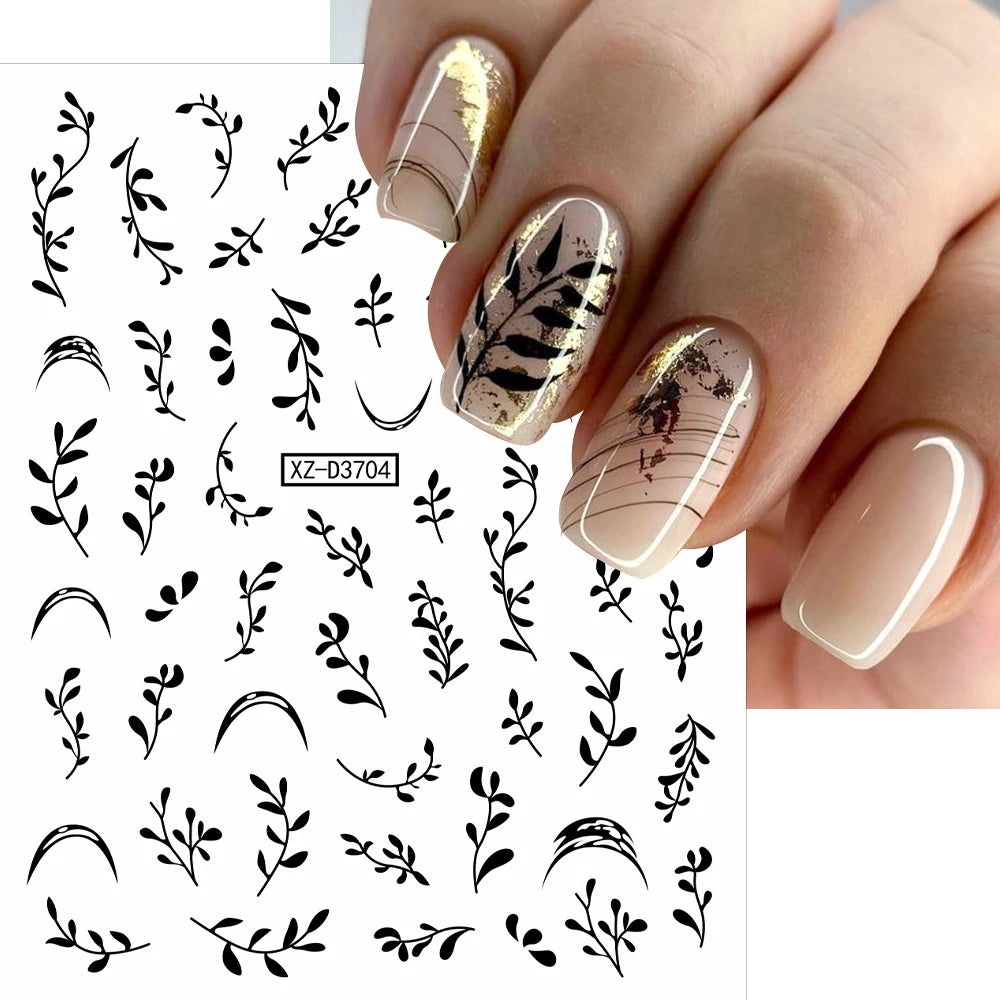 12Pcs Gold/Silver Tasse/Line/Star/Moon 3D Nail Art Stickers Leaf/Geometric Design Self-adhesive Sliders Luxury Manicure Decals