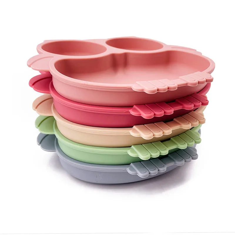 BPA Free Cute Owl Children Dishes Suction Plates Silicone Baby Dining Plate for Toddlers Baby Training Feeding Sucker Bowl