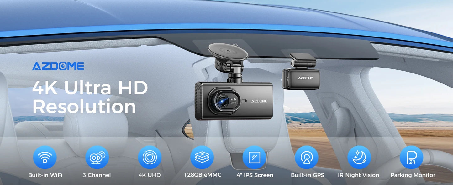 AZDOME M560 Car DVR 4K+1080P+1080P 3 Channel Dash Cam 4" IPS Touch Screen Built-in 128GB eMMC GPS WIFI G-Sensor IR Night Vision