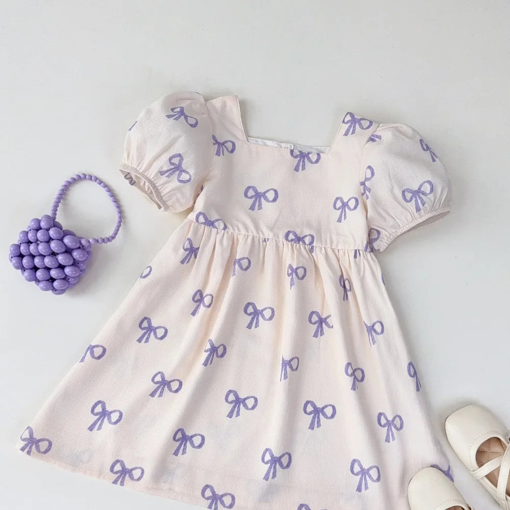 Bear Leader Short Sleeved Girls Clothing Summer New Bow Print Casual Dresses Sweet and Cute Kids Clothes for 3-7 Years Wear