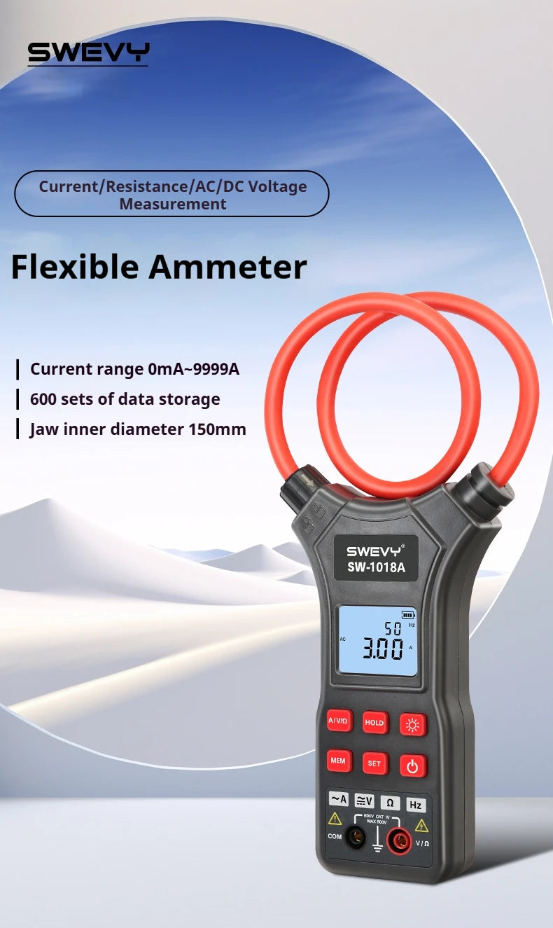 SWEVY SW1018A LCD Backlight Digital Flexible Current Clamp 0 mA - 9999A AC/DC Voltage, AC Current, and Resistance Test Multimete
