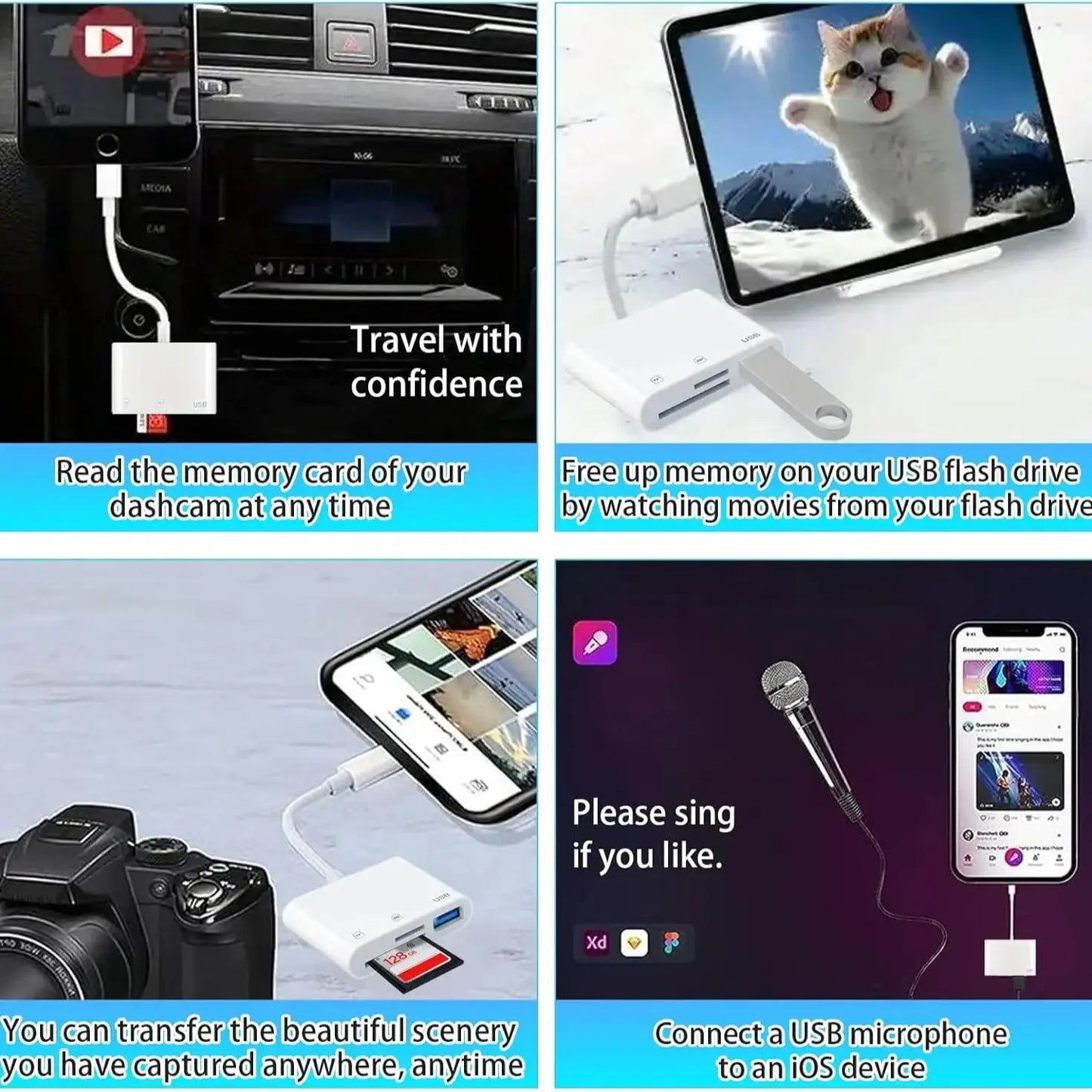 Lightning TypeC to SD & TF Card USB Camera Adapter for iPhone iPad, 3 in 1 Card Reader USB Dongle for USB Flash Plug & Play