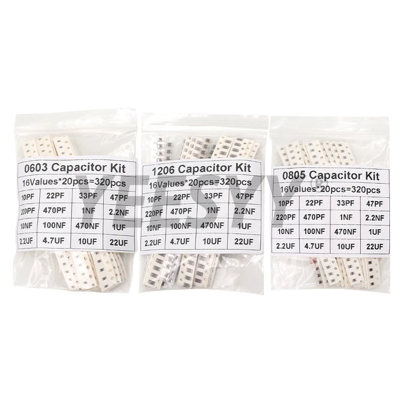 320PCS 720PCS 0603 0805 1206 SMD Capacitor Assorted Kit 16/36/50Values 1PF - 10UF Capacitance Set 100NF 0.1UF 1UF 2.2UF 4.7UF