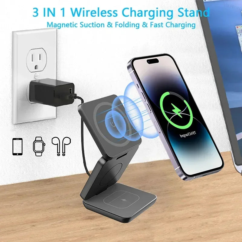 3 In 1 Foldable Magnetic Wireless Charger Stand For iPhone 15 14 13 12 Pro Max Apple Watch AirPods Fast Charging Station Holder