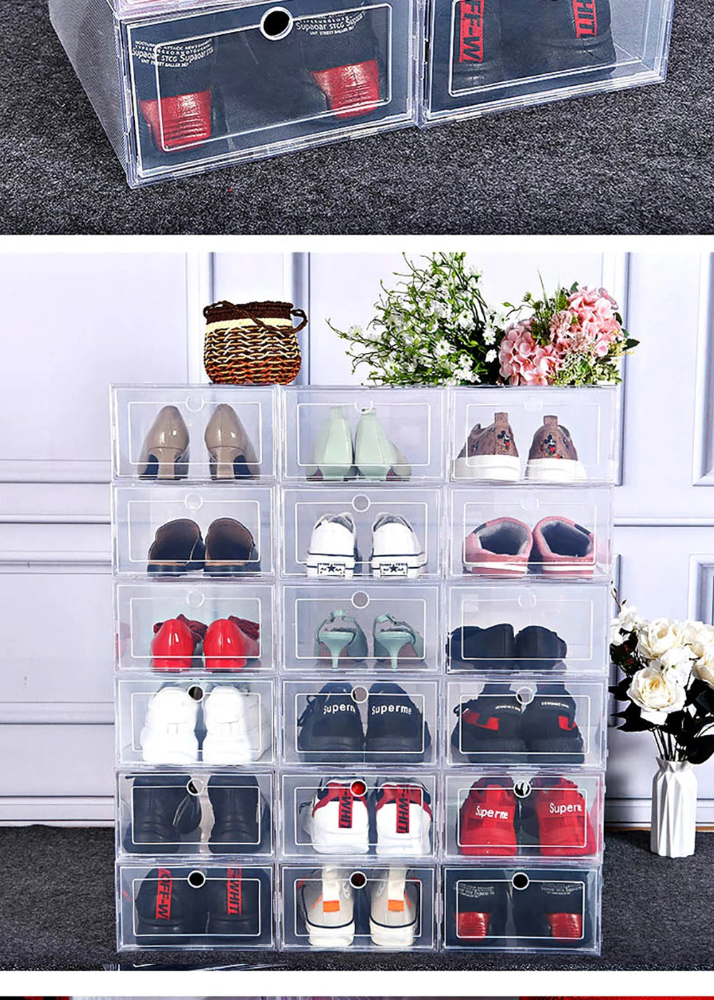 6 Pack Transparent shoe box shoes organizers thickened foldable Dustproof storage box Stackable combined shoe cabinet Sale