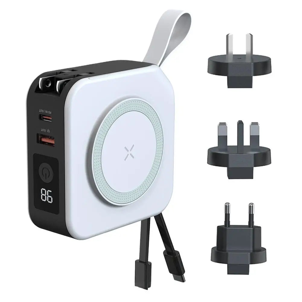 10000mAh Magnetic Wireless Power Bank 22.5W Fast Charging AC Wall Plug 5 in 1 Portable Charger Multifunctional Phone Stand