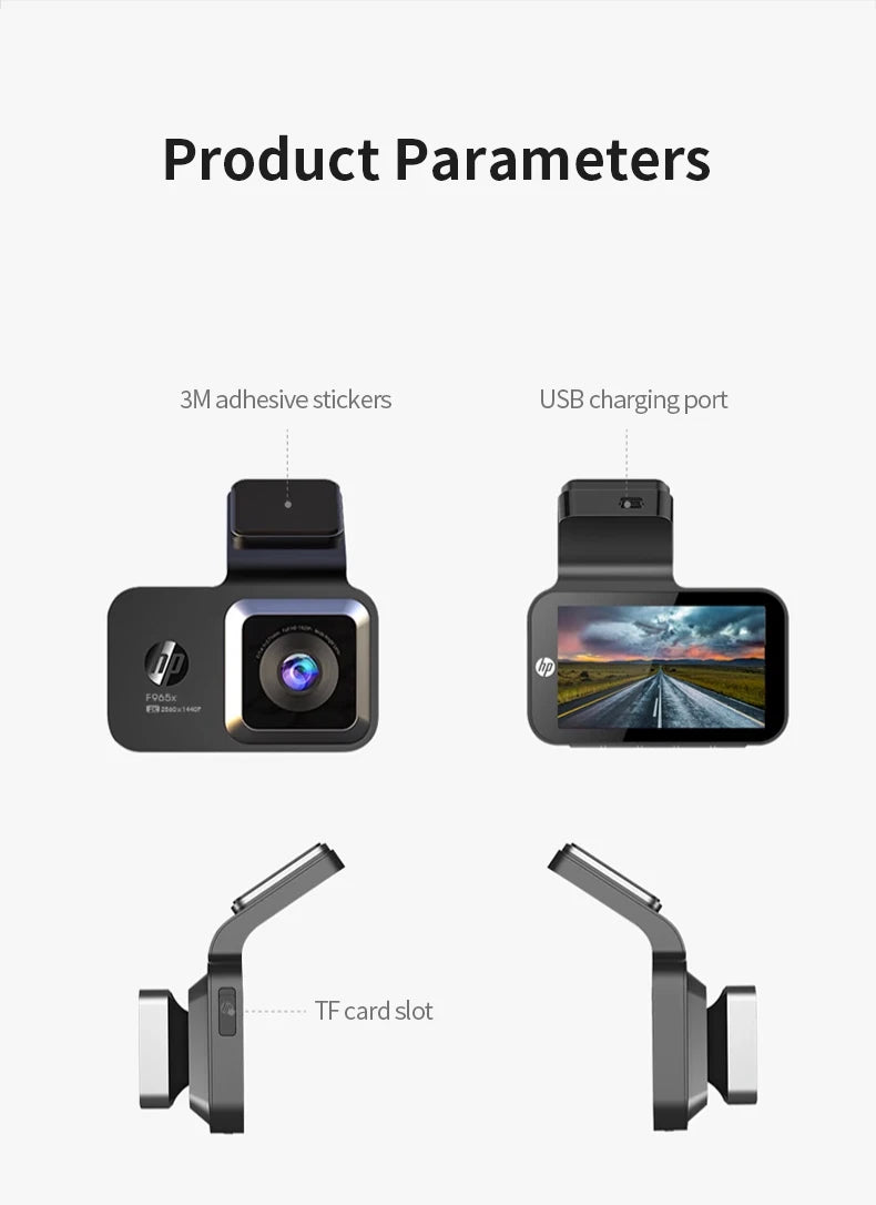 HP Car Recorder 2K 1440P Car Camera HD Night Vision Parking Monitoring Car WiFi Car DVR Video Loop Recording