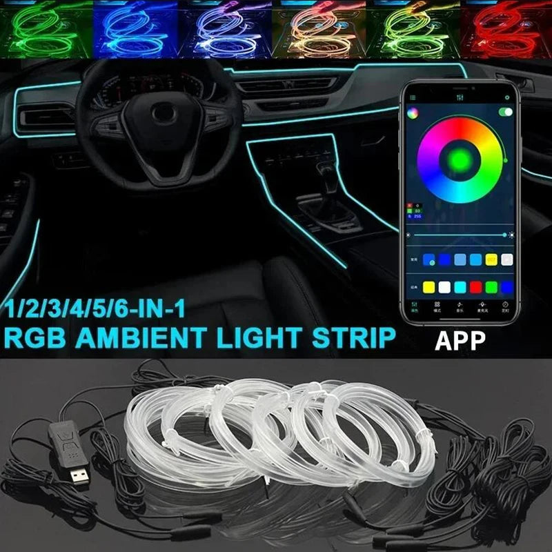 Car Interior RGB LED Atmosphere Light Strip USB Fiber Optic Neon Invisible Ambient Lamp Center Console Door Decoration Trim