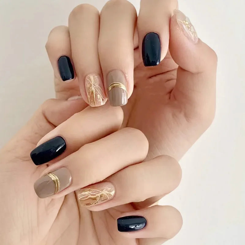 24Pcs/Box Short Square Head Wearing False Nails Art Clouds Stars Pattern Fake Nails Full Cover Press on Nail Tips Manicure Tools