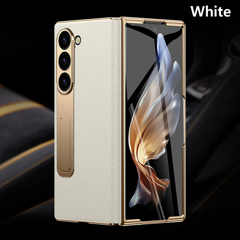 LANGSIDI Leather Case for Samsung Galaxy Z Fold 7 6 5 4 3 Fold6 Fold7 Gold Plating Magnetic Hinge Stand Cover with Mirror Film