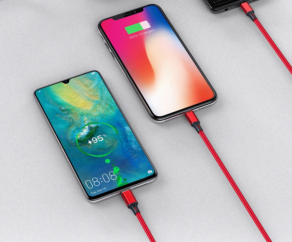 2.4A Braided One Drag Three USB-A For Apple Android Type-c/USB-C Fast Charging Cable 1.2m  3in1 Black Silver Red Blue Golden