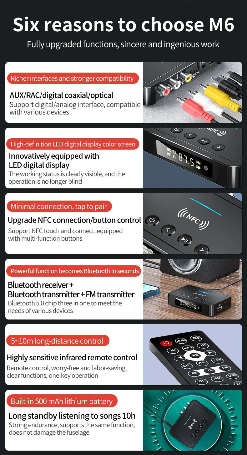 VIKEFON Bluetooth Receiver Transmitter 5.0 NFC Stereo 3.5mm AUX Jack RCA Wireless Audio Adapter Mic IR Remote Control For TV PC