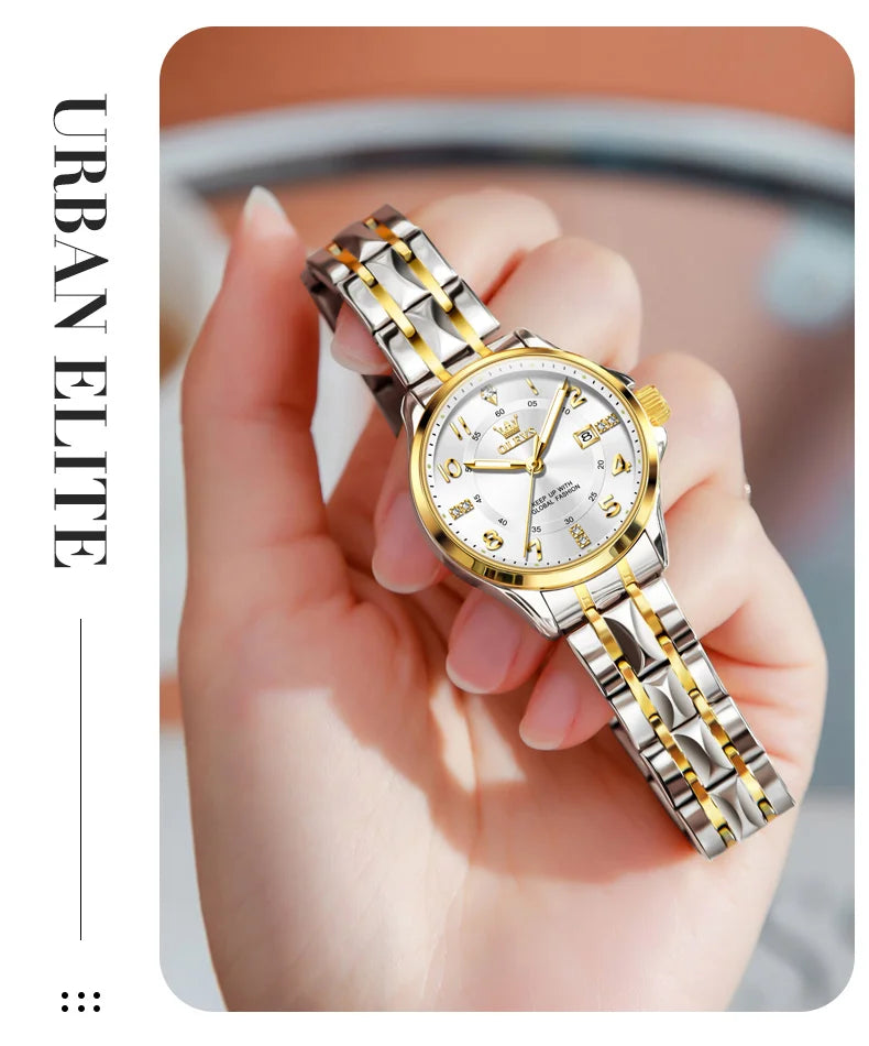 OLEVS 2910 Luxury Men Women Couple Watch Dual Calendar Display Waterproof Stainless Steel Clock Gold Diamond Couple Quartz Watch
