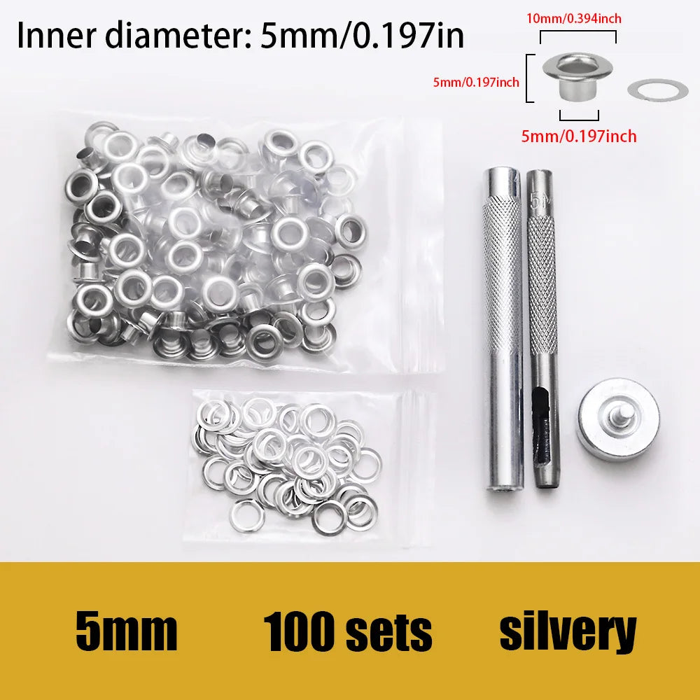 100 sets of stainless steel  eyelets with a tool ,for canvas holes, clothes, handbag, 5mm/6mm inner diameters