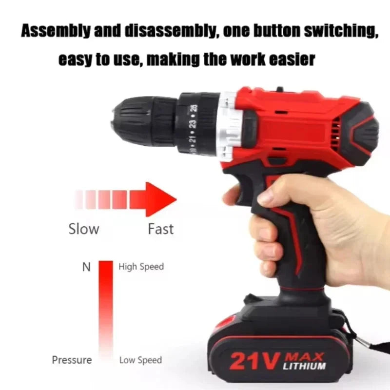 21V Electric Drill Brush Motor 2 Speed Control Stepless Speed Regulation Rotation Ways 25 Gears Torques Adjustable Lithium Drill