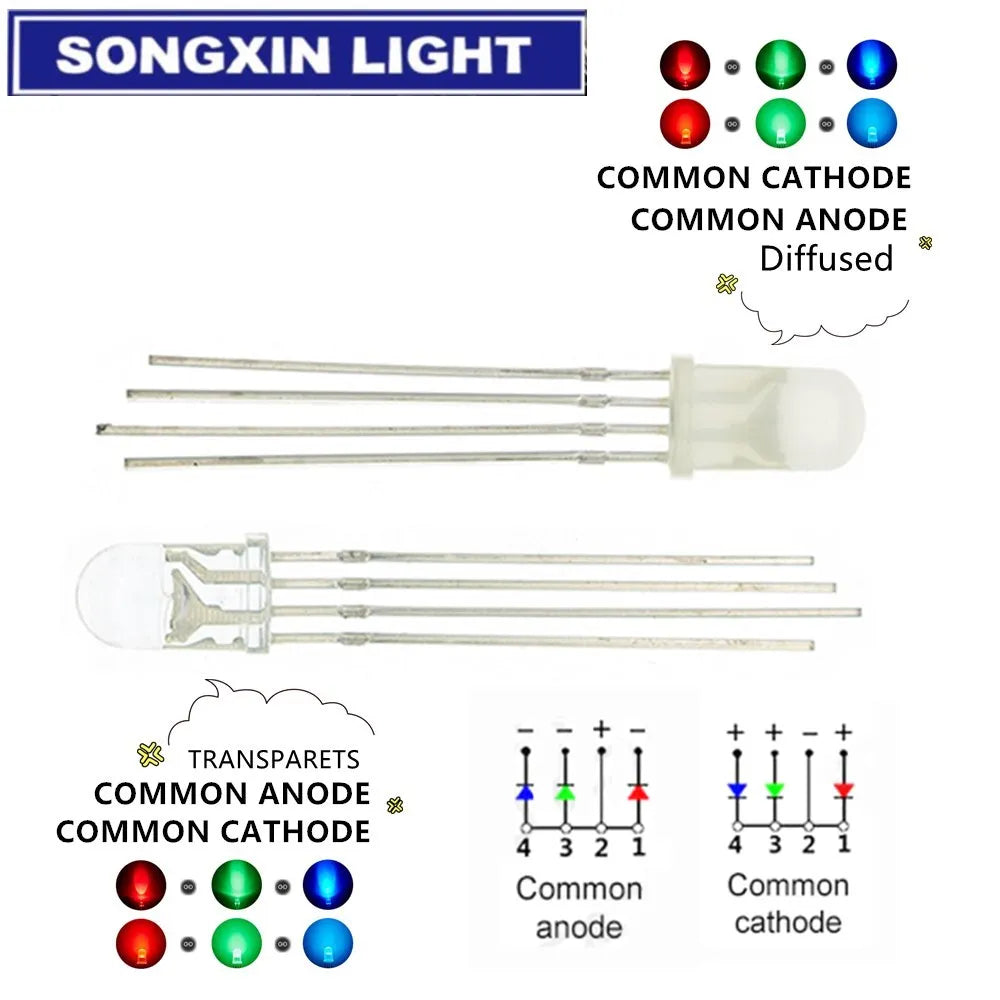 SONGXIN 100pcs 5mm RGB LED Common Cathode / Common Anode Tri-Color Emitting Diodes f5 RGB Diffused / Transparent Highlight