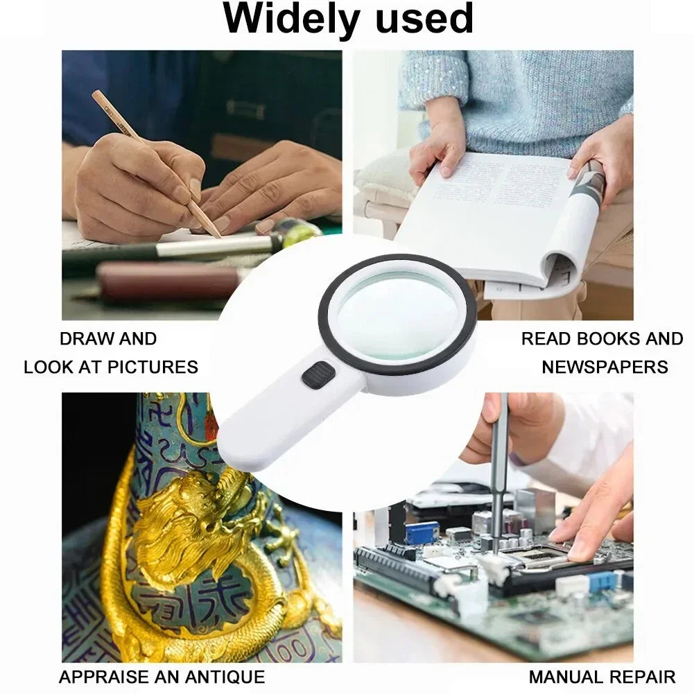 30X Handheld Illuminated Magnifying Glass with 12 LED Lights Reading Magnifier for Seniors Coins Insect Inspection Jewelry Loupe