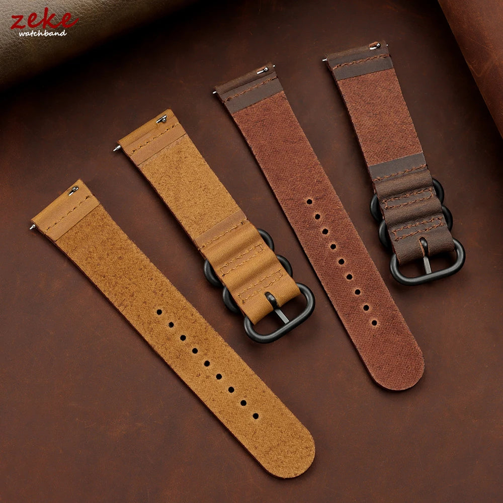 20mm 22mm Crazy Horse Leather Watch Band Black Ring Buckle Strap for Samsung Galaxy Watch 7/6/5/4 for Huawei Watch GT 5-4-3-pro