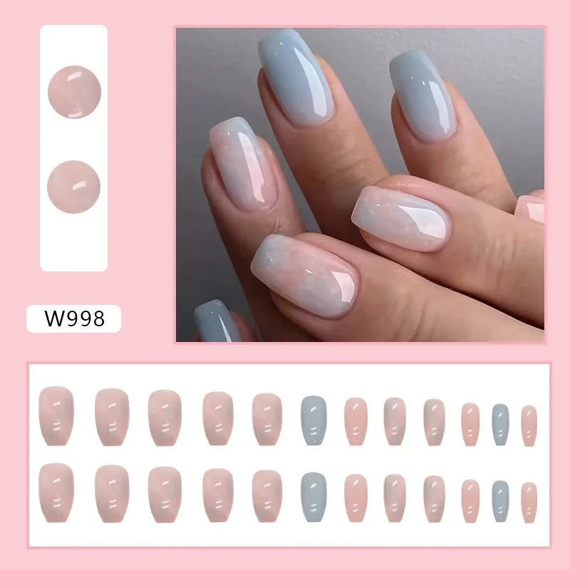 Gold Pink Wine Red 24 Pcs Fake Nail with Jelly sticker Press on False Nails Wearable Round Head Oval Full Cover Nail Tips