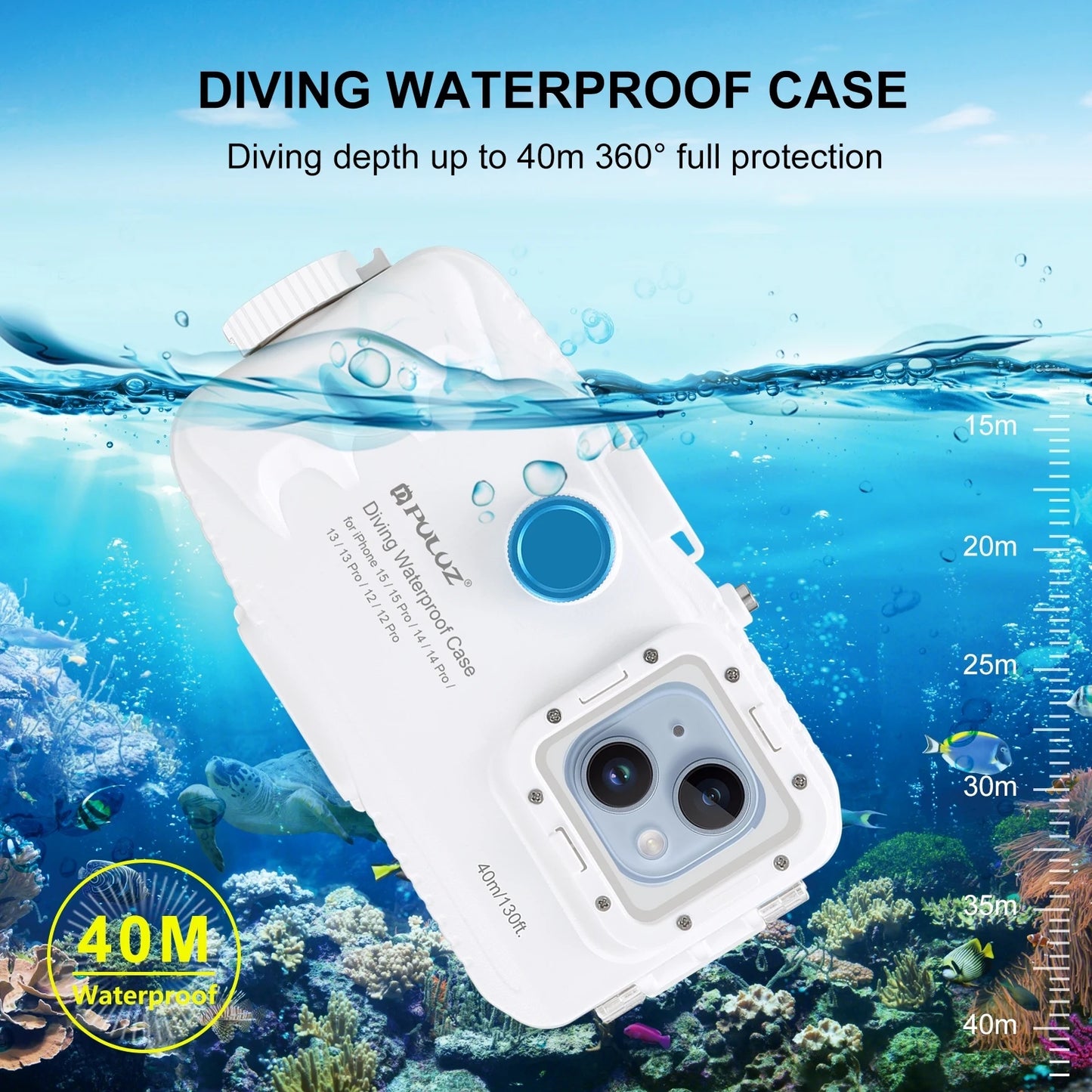 PULUZ 40m/130ft Waterproof Diving Case for iPhone 15 14 13 12 11 Pro Max Plus with One-way Valve Underwater Video Housing Cover
