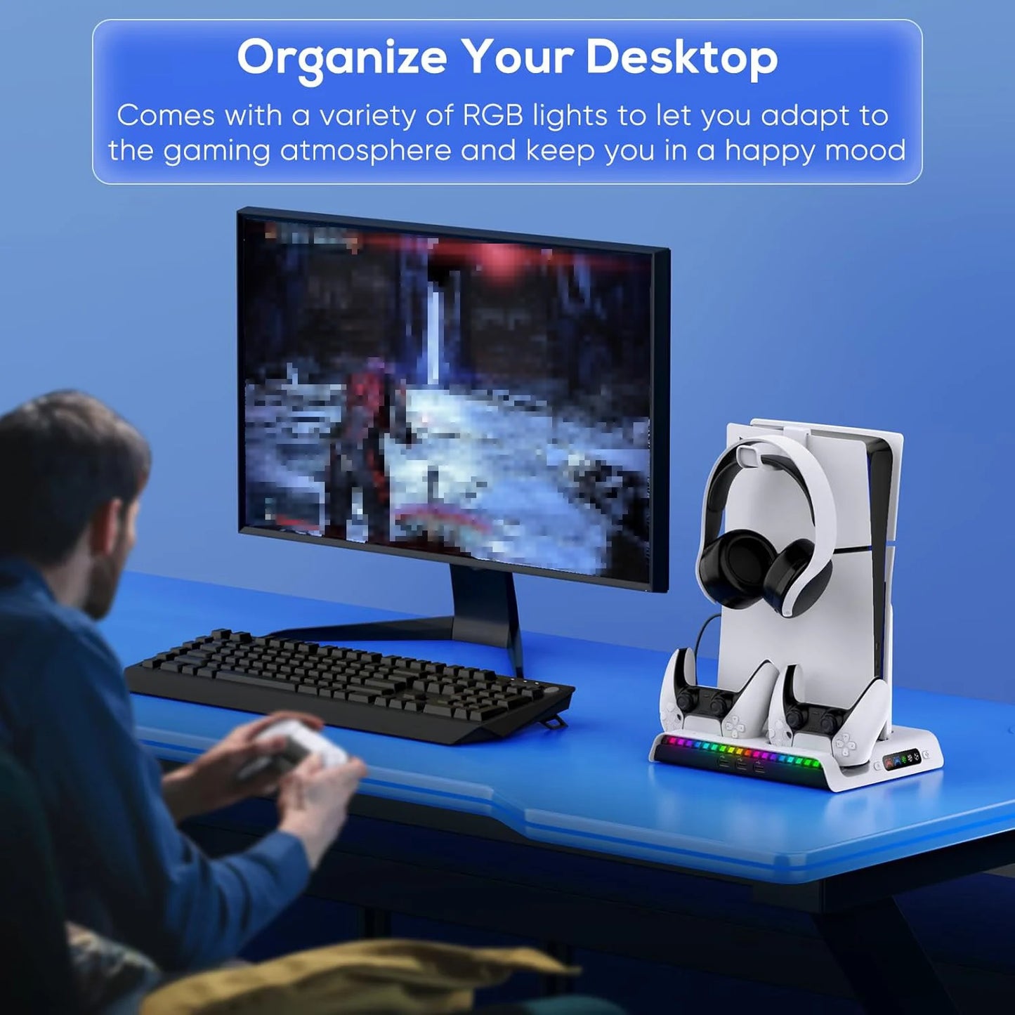 IPEGA Charging Stand with Cooling Fan for PS5 Slim Digital/Disc Console, Dual Controller with 9 RGB Lights PG-P5S006