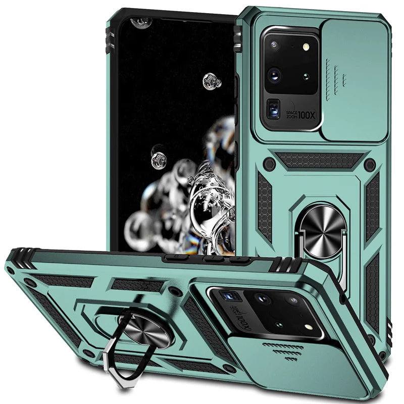 Silde Lens Armor Shockproof Phone Case For Samsung Galaxy S20 Ultra S20 Plus S 20 FE S20+ Magnetic Car Holder Ring Protect Cover