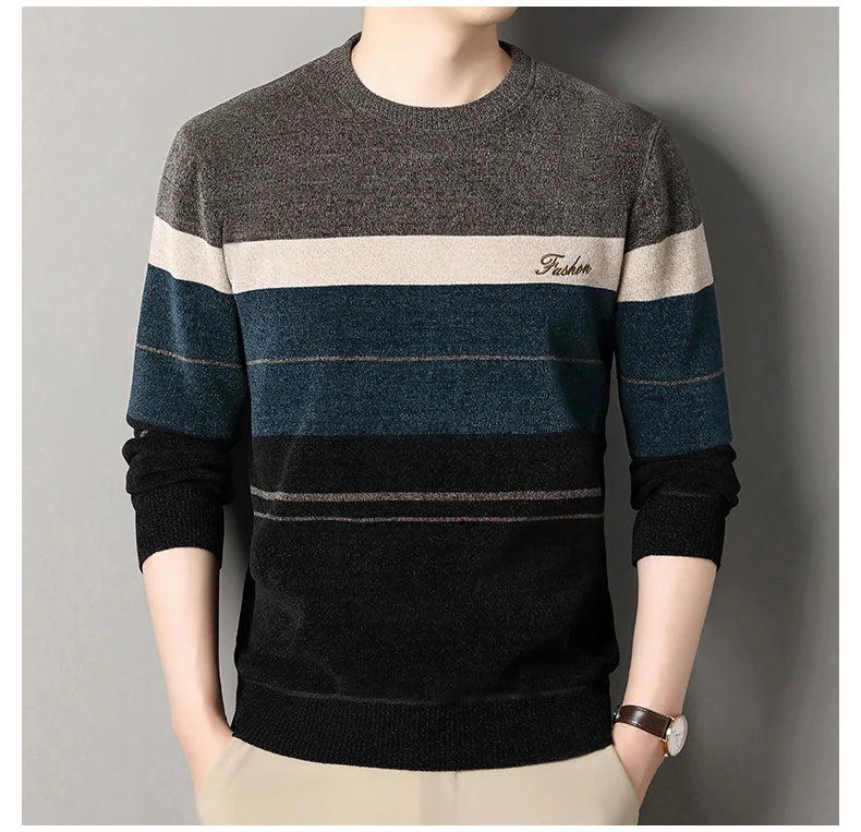 High Quality Men's Sweaters Fashion Knitting Pullover Striped Men's Autumn Winter Tops Round Neck Jerseys Fleece Bottom Shirts