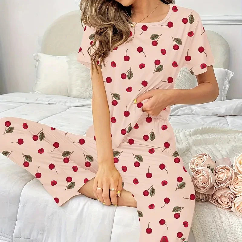 Womens Pajama Pj Sets Autumn Short Sleeve Top & Pants Pajamas 2 Piece Set Soft and Cozy Sleepwear Loungewear Pyjama Pijama Femme