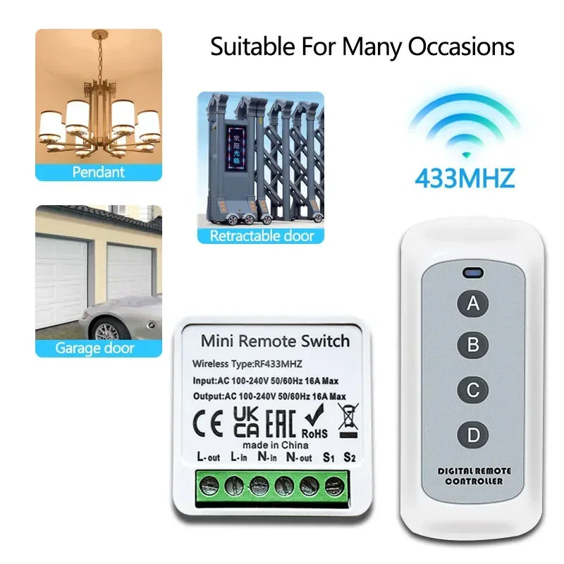 Smart Wireless Switch 433Mhz 16A 4Key RF Switch Module Remote Control AC 100V-240V Mini Relay Receiver Light Fan Garage Door