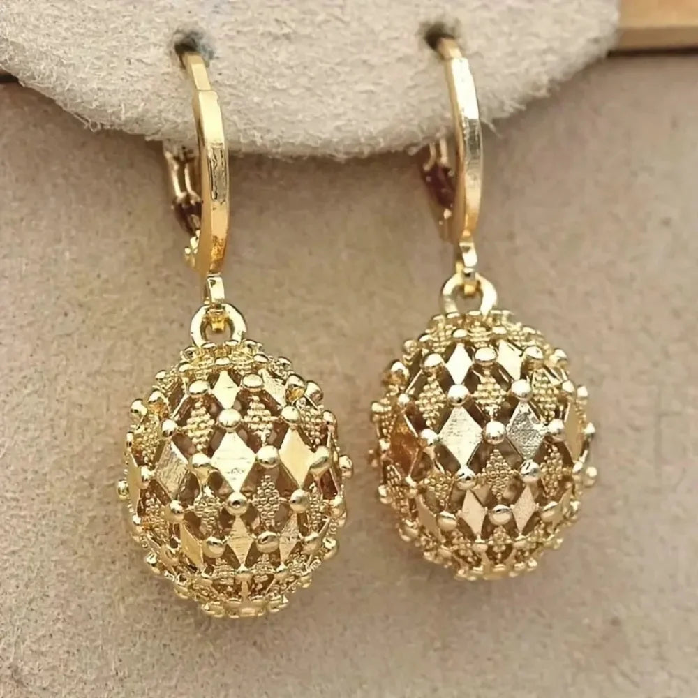 Vintage Metal Hand Engraved Pattern Hoop Earrings Classic Women's Gold Plated Hook Drop Earrings
