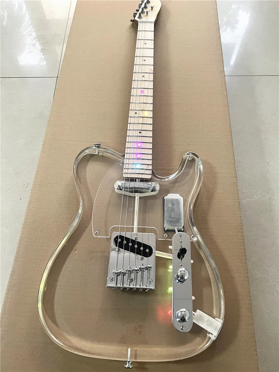 High quality classic acrylic transparent Plexiglass crystal 6-string electric guitar LED lights Maple guitar neck Free shipping